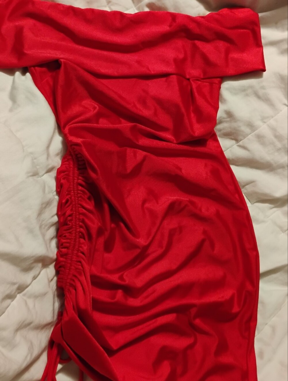 Windsor Red Off-Shoulder Ruched Mini Dress